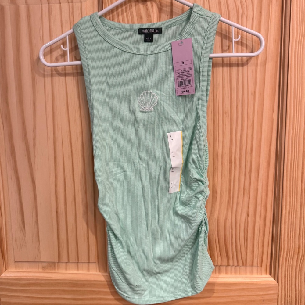 Wild Fable Mint Green Seashell Embroidered Ribbed Ruched Tank Top Small NWT